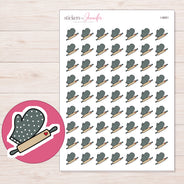 Charcoal Oven Mitt and Rolling Pin Planner Stickers | I-9681 — 5 × 7 inch sheet and enlarged sticker detail