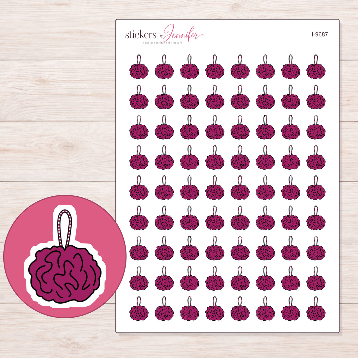 Magenta Bath Pouf Planner Stickers | I-9687 — 5 × 7 inch sheet and enlarged sticker detail