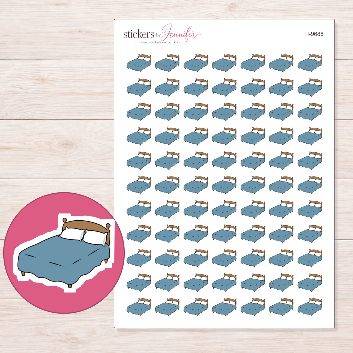 Blue Blanket Bed Planner Stickers | I-9688 — 5 × 7 inch sheet and enlarged sticker detail