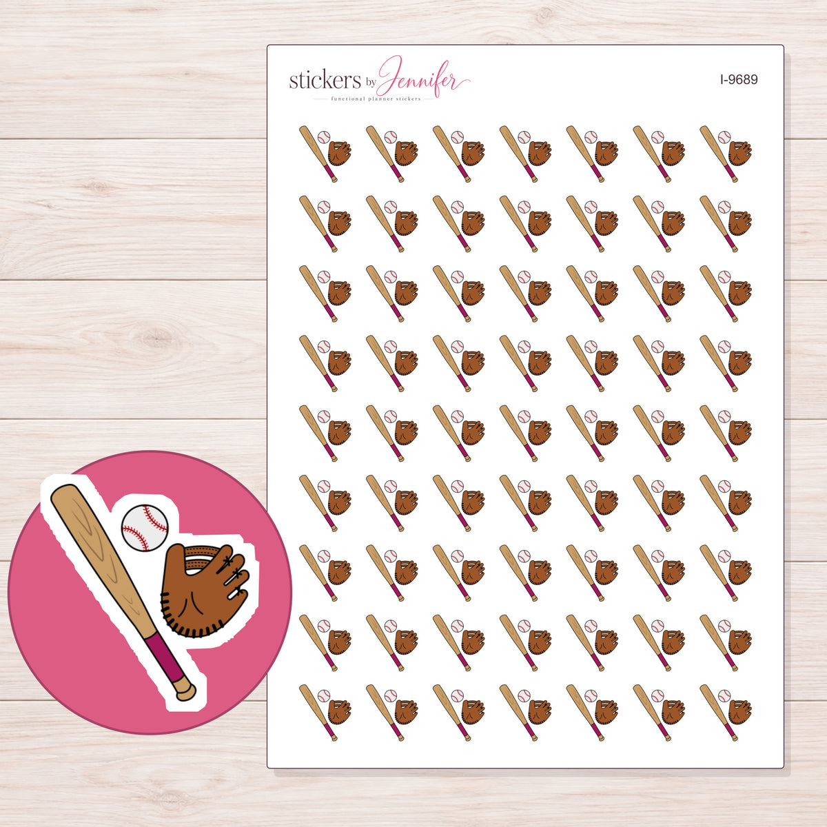 Baseball Bat Ball and Glove Planner Stickers | I-9689 — 5 × 7 inch sheet and enlarged sticker detail
