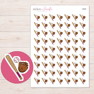 Baseball Bat Ball and Glove Planner Stickers | I-9689 — 5 × 7 inch sheet and enlarged sticker detail