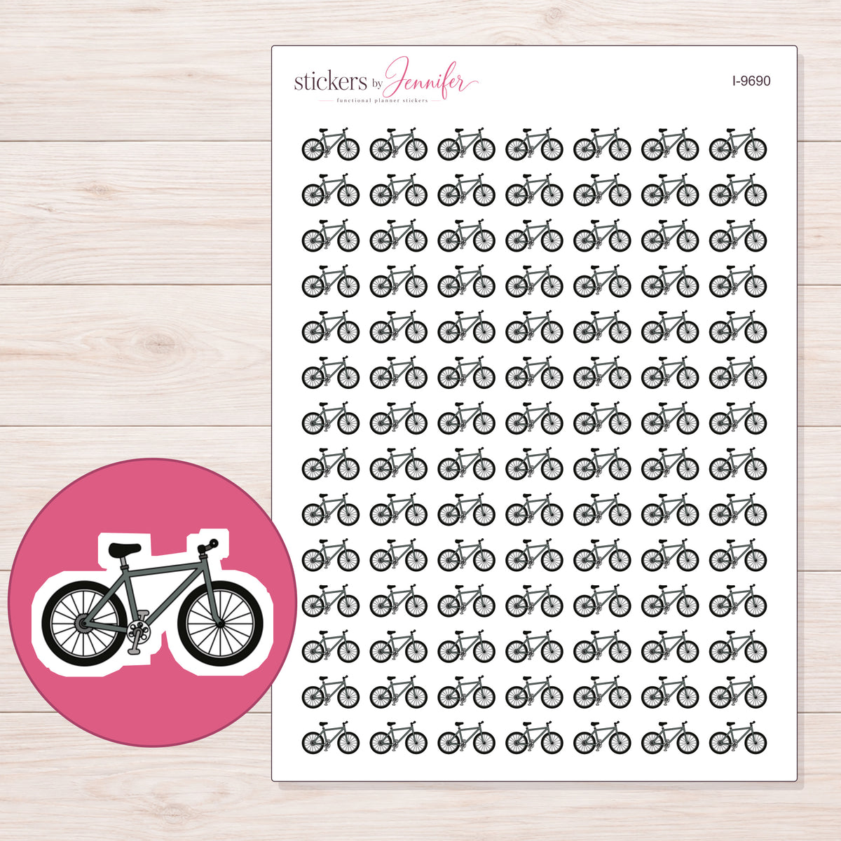 Gray Bicycle Planner Stickers | I-9690 — 5 × 7 inch sheet and enlarged sticker detail