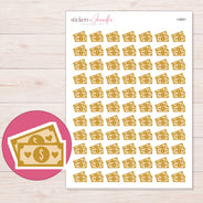 Gold Cash Bills Planner Stickers | I-9691 — 5 × 7 inch sheet and enlarged sticker detail