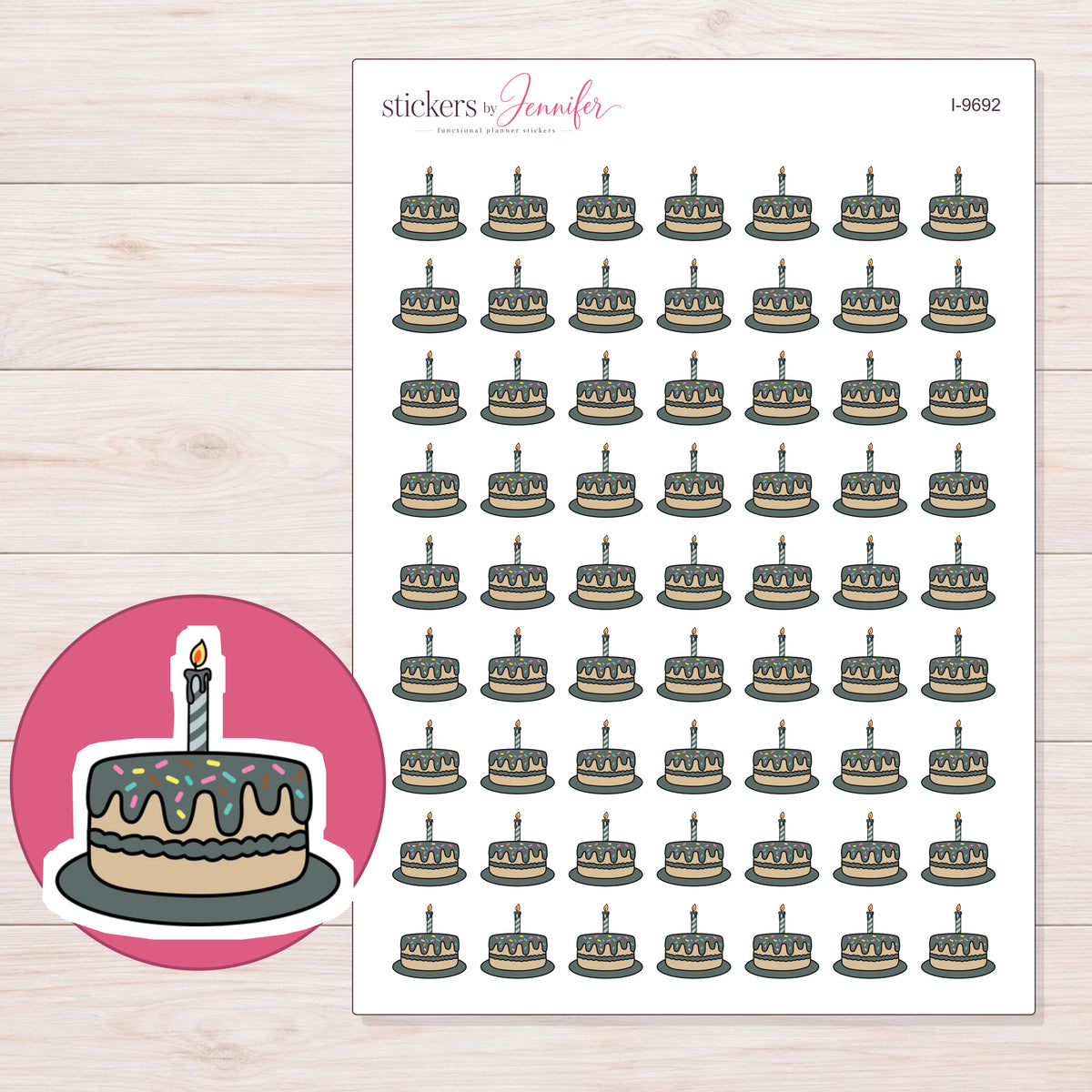 Charcoal Frosted Birthday Cake Planner Stickers | I-9692 — 5 × 7 inch sheet and enlarged sticker detail