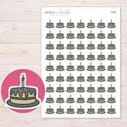 Charcoal Frosted Birthday Cake Planner Stickers | I-9692 — 5 × 7 inch sheet and enlarged sticker detail