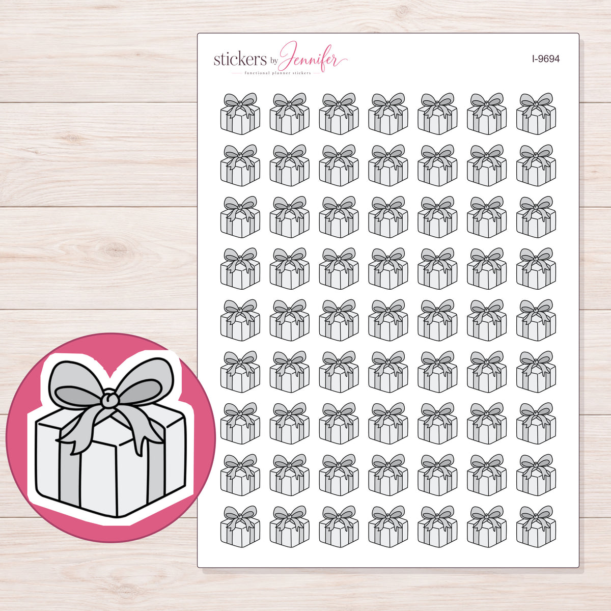 Gray Wrapped Gift Planner Stickers | I-9694 — 5 × 7 inch sheet and enlarged sticker detail