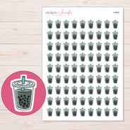 Charcoal Boba Tea Planner Stickers | I-9696 — 5 × 7 inch sheet and enlarged sticker detail