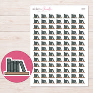 Charcoal Books on Shelf Planner Stickers | I-9697 — 5 × 7 inch sheet and enlarged sticker detail