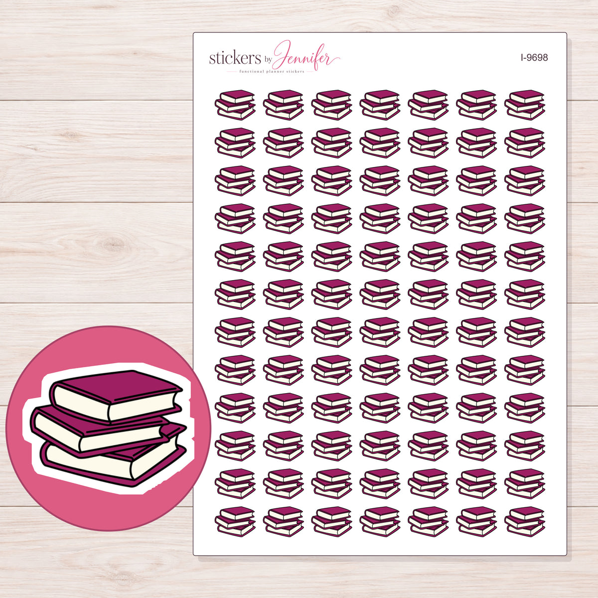 Burgundy Book Stack Planner Stickers | I-9698 — 5 × 7 inch sheet and enlarged sticker detail