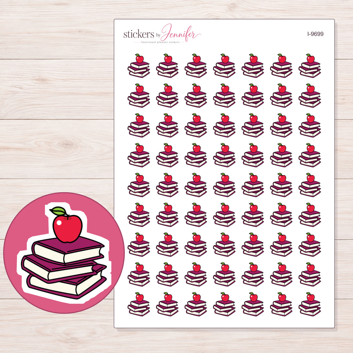 Burgundy Books with Apple Planner Stickers | I-9699 — 5 × 7 inch sheet and enlarged sticker detail