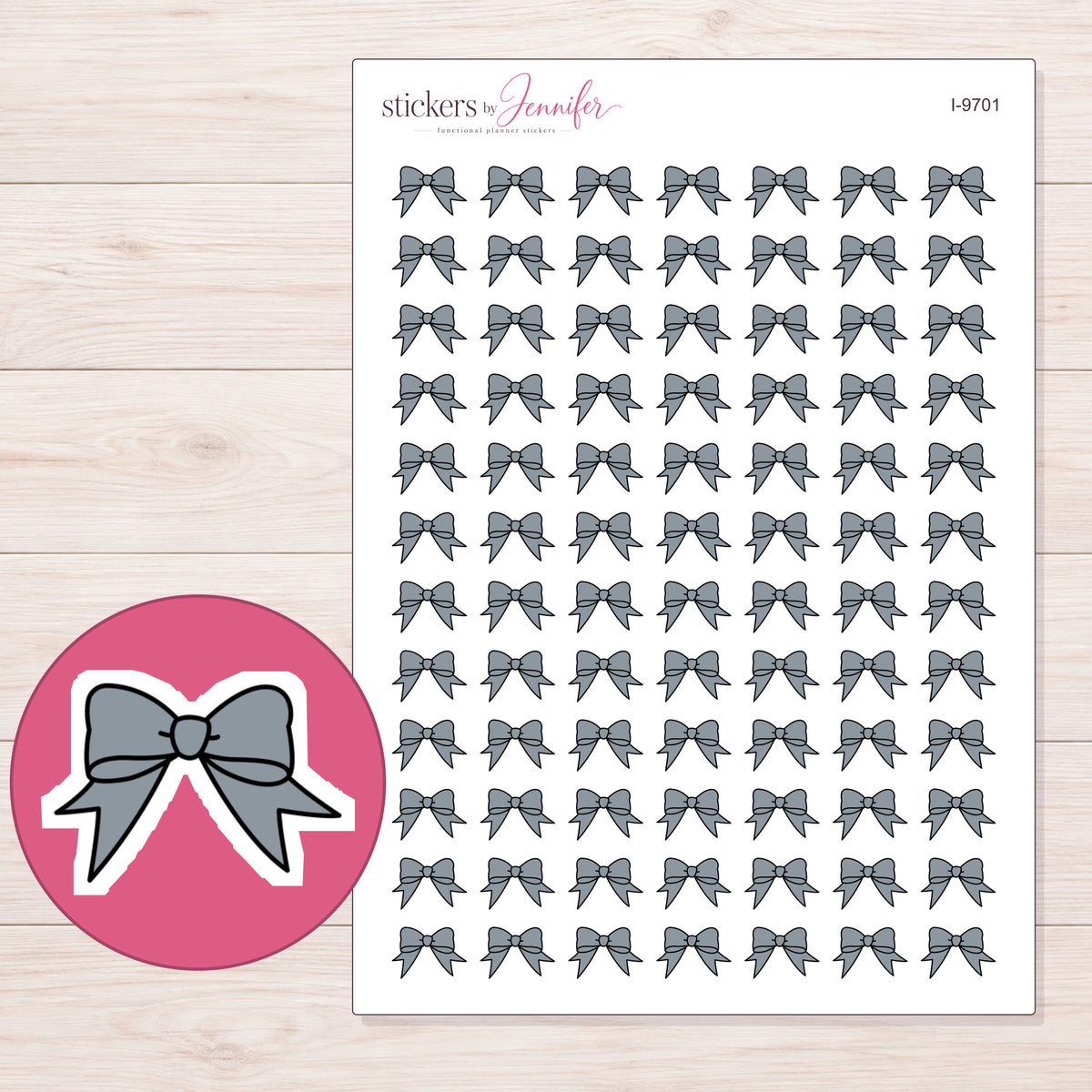 Gray Ribbon Bow Planner Stickers | I-9701 — 5 × 7 inch sheet and enlarged sticker detail