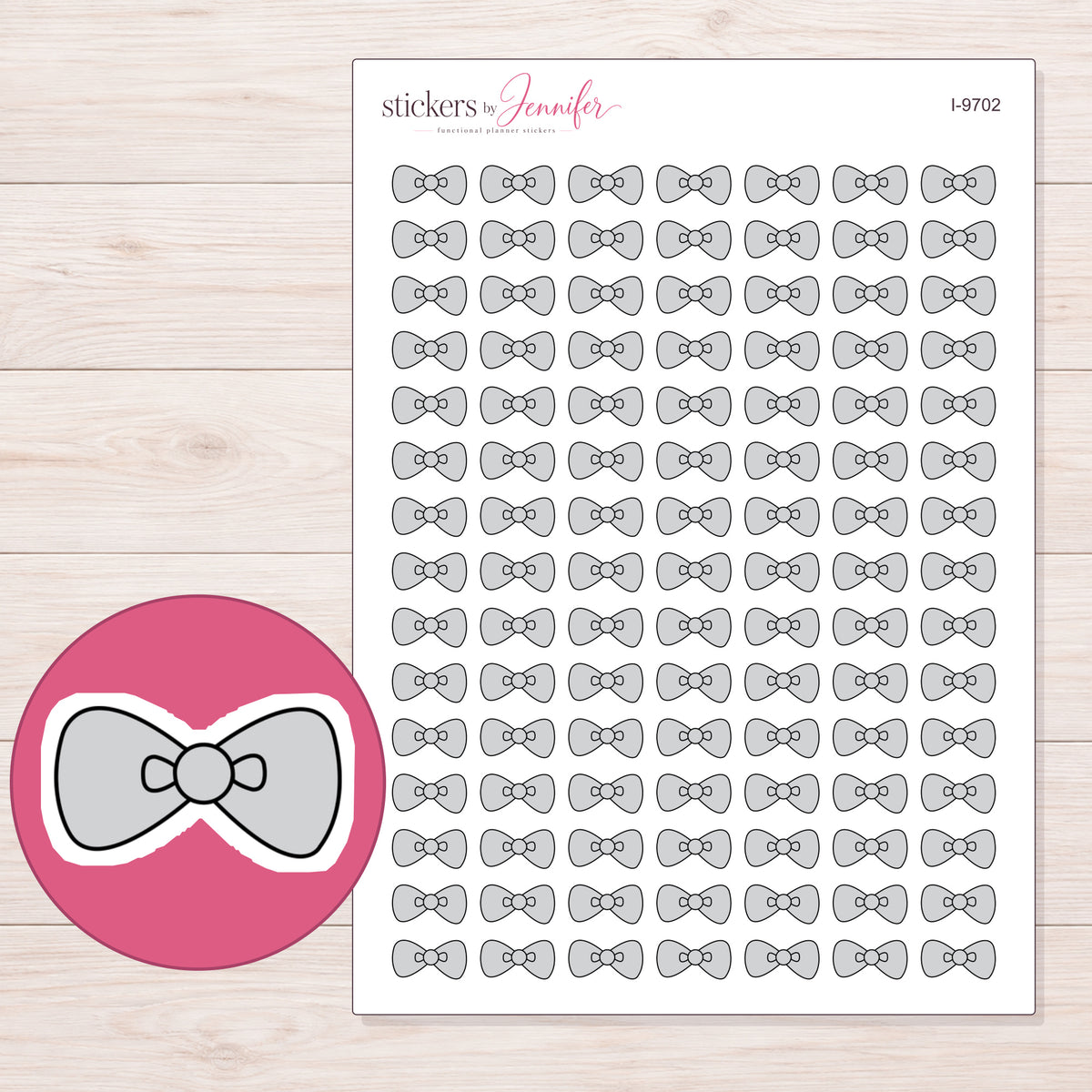 Light Gray Bow Tie Planner Stickers | I-9702 — 5 × 7 inch sheet and enlarged sticker detail