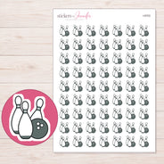 Charcoal Bowling Ball and Pins Planner Stickers | I-9703 — 5 × 7 inch sheet and enlarged sticker detail
