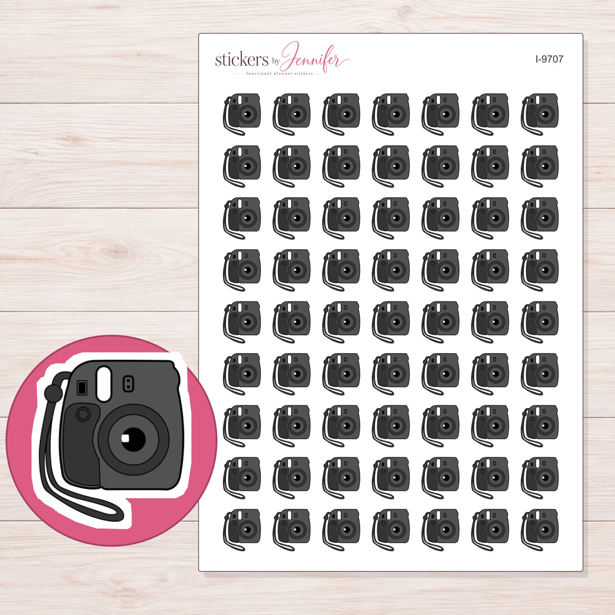 Black Instant Camera Planner Stickers | I-9707 — 5 × 7 inch sheet and enlarged sticker detail
