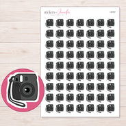 Black Instant Camera Planner Stickers | I-9707 — 5 × 7 inch sheet and enlarged sticker detail