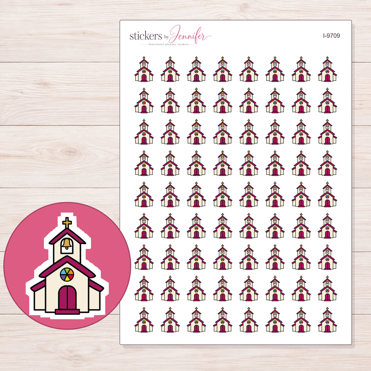 Magenta Accent Church Planner Stickers | I-9709 — 5 × 7 inch sheet and enlarged sticker detail