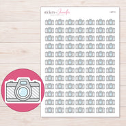 Silver Camera Planner Stickers | I-9711 — 5 × 7 inch sheet and enlarged sticker detail