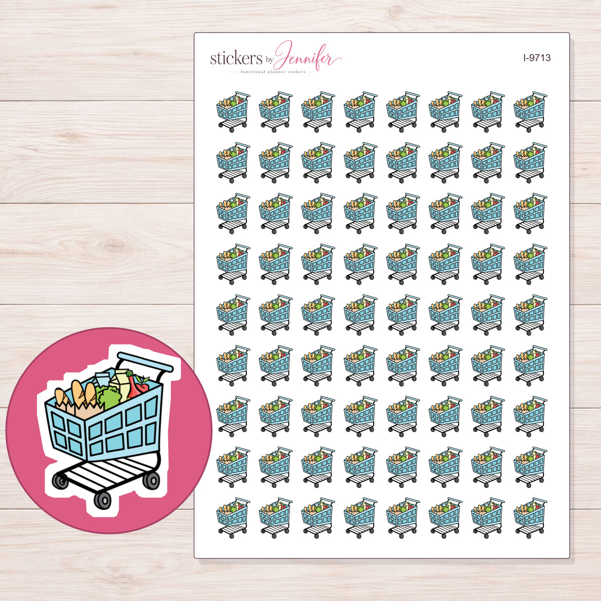 Blue Grocery Cart Planner Stickers | I-9713 — 5 × 7 inch sheet and enlarged sticker detail