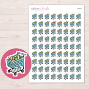 Blue Grocery Cart Planner Stickers | I-9713 — 5 × 7 inch sheet and enlarged sticker detail