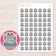 Cat Reading in Litter Box Planner Stickers | I-9715 — 5 × 7 inch sheet and enlarged sticker detail