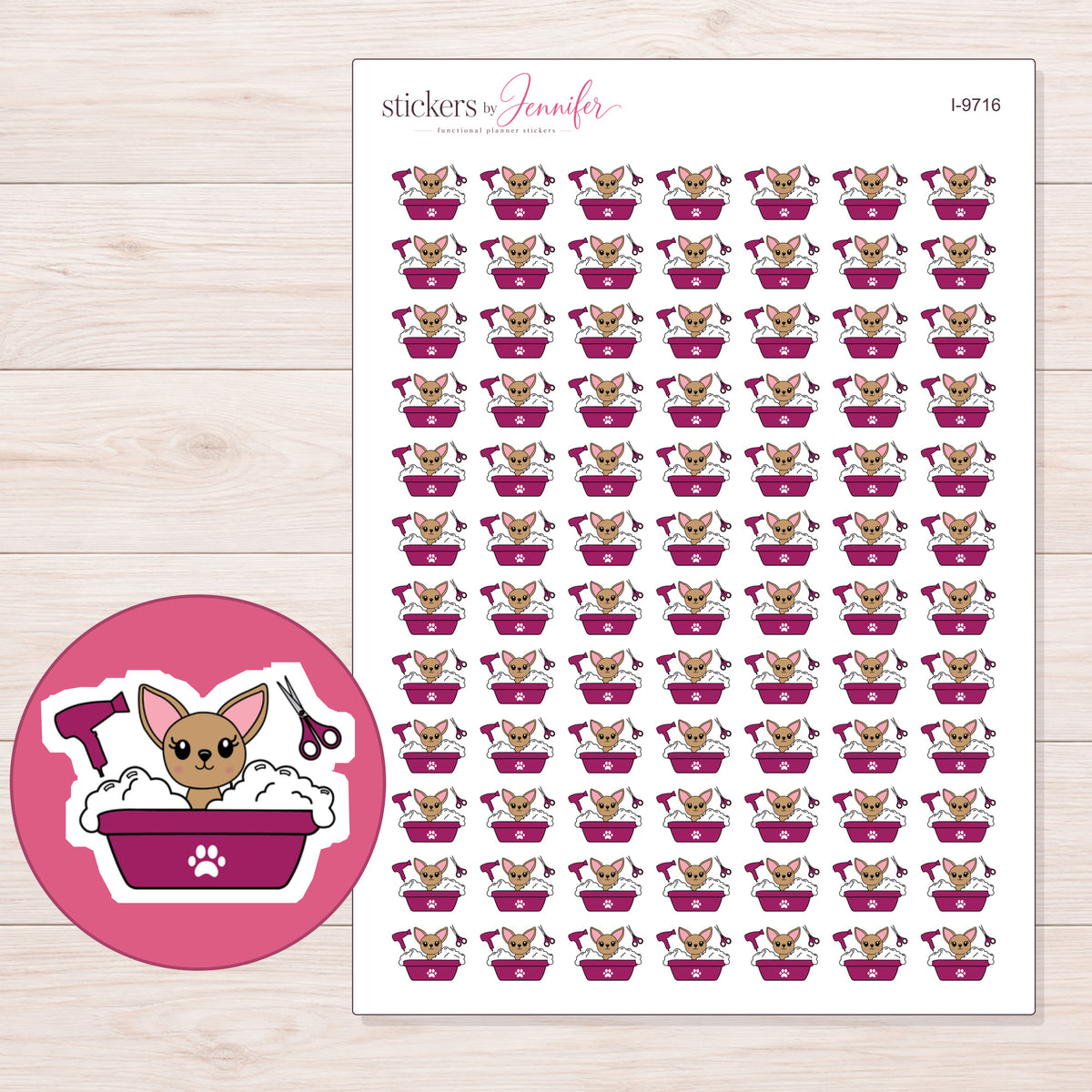 Chihuahua in Magenta Grooming Tub Planner Stickers | I-9716 — 5 × 7 inch sheet and enlarged sticker detail