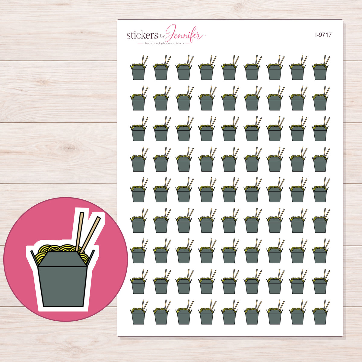 Charcoal Noodle Takeout Box Planner Stickers | I-9717 — 5 × 7 inch sheet and enlarged sticker detail