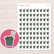 Charcoal Noodle Takeout Box Planner Stickers | I-9717 — 5 × 7 inch sheet and enlarged sticker detail