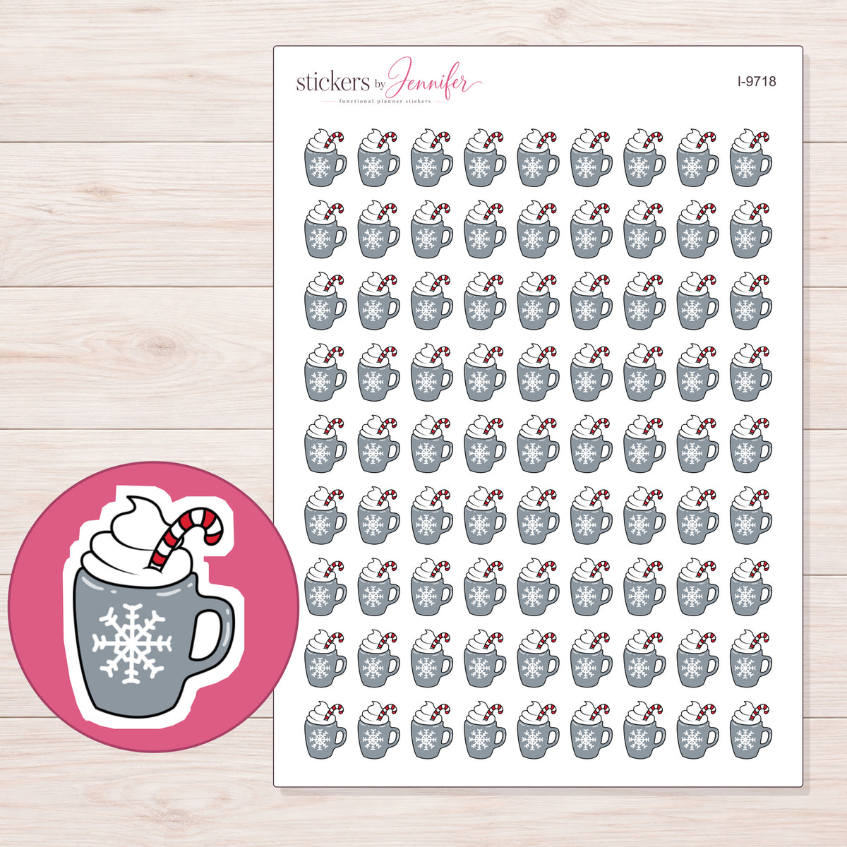Gray Snowflake Hot Chocolate Planner Stickers | I-9718 — 5 × 7 inch sheet and enlarged sticker detail