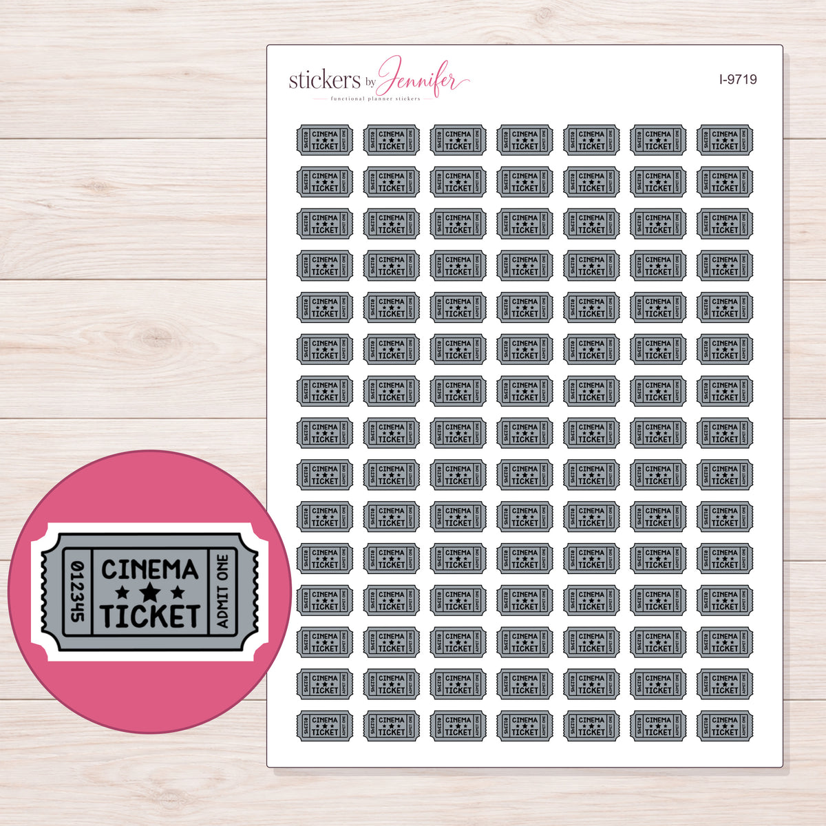 Gray Cinema Ticket Planner Stickers | I-9719 — 5 × 7 inch sheet and enlarged sticker detail