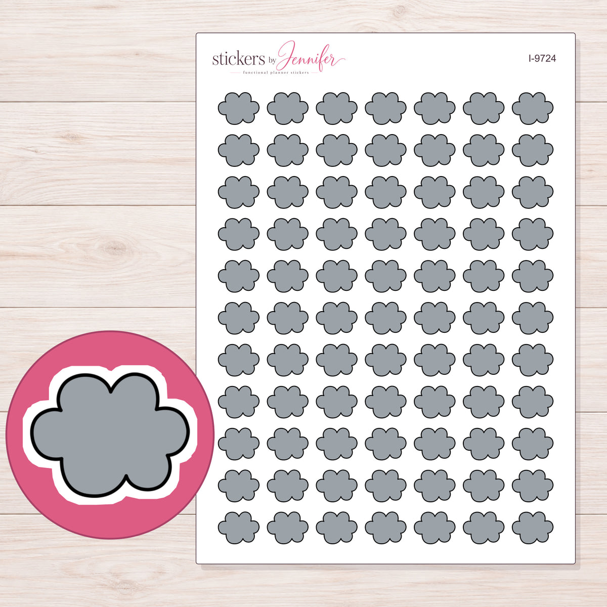 Gray Cloud Planner Stickers | I-9724 — 5 × 7 inch sheet and enlarged sticker detail