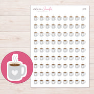 Light Gray Heart Coffee Mug Planner Stickers | I-9725 — 5 × 7 inch sheet and enlarged sticker detail