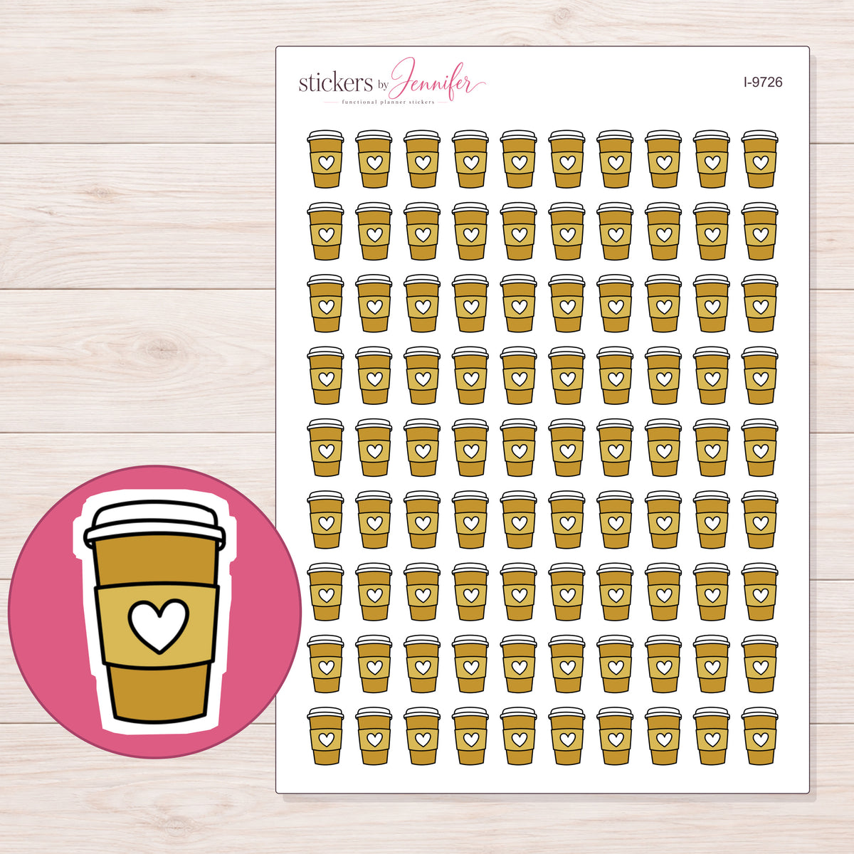 Gold Heart Takeaway Coffee Planner Stickers | I-9726 — 5 × 7 inch sheet and enlarged sticker detail