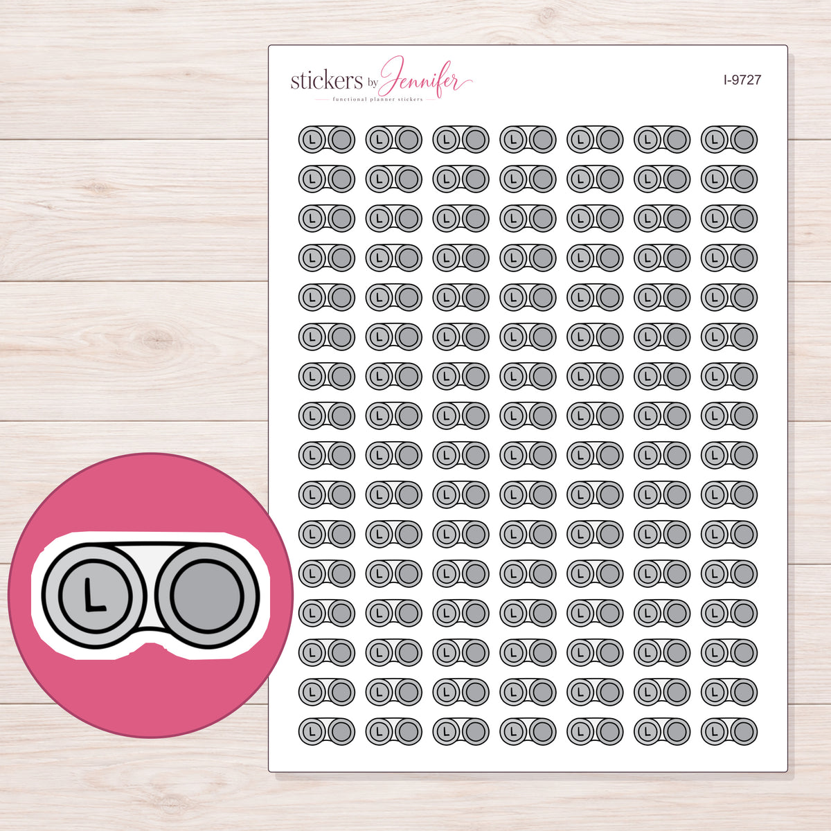 Gray Contact Lens Case Planner Stickers | I-9727 — 5 × 7 inch sheet and enlarged sticker detail