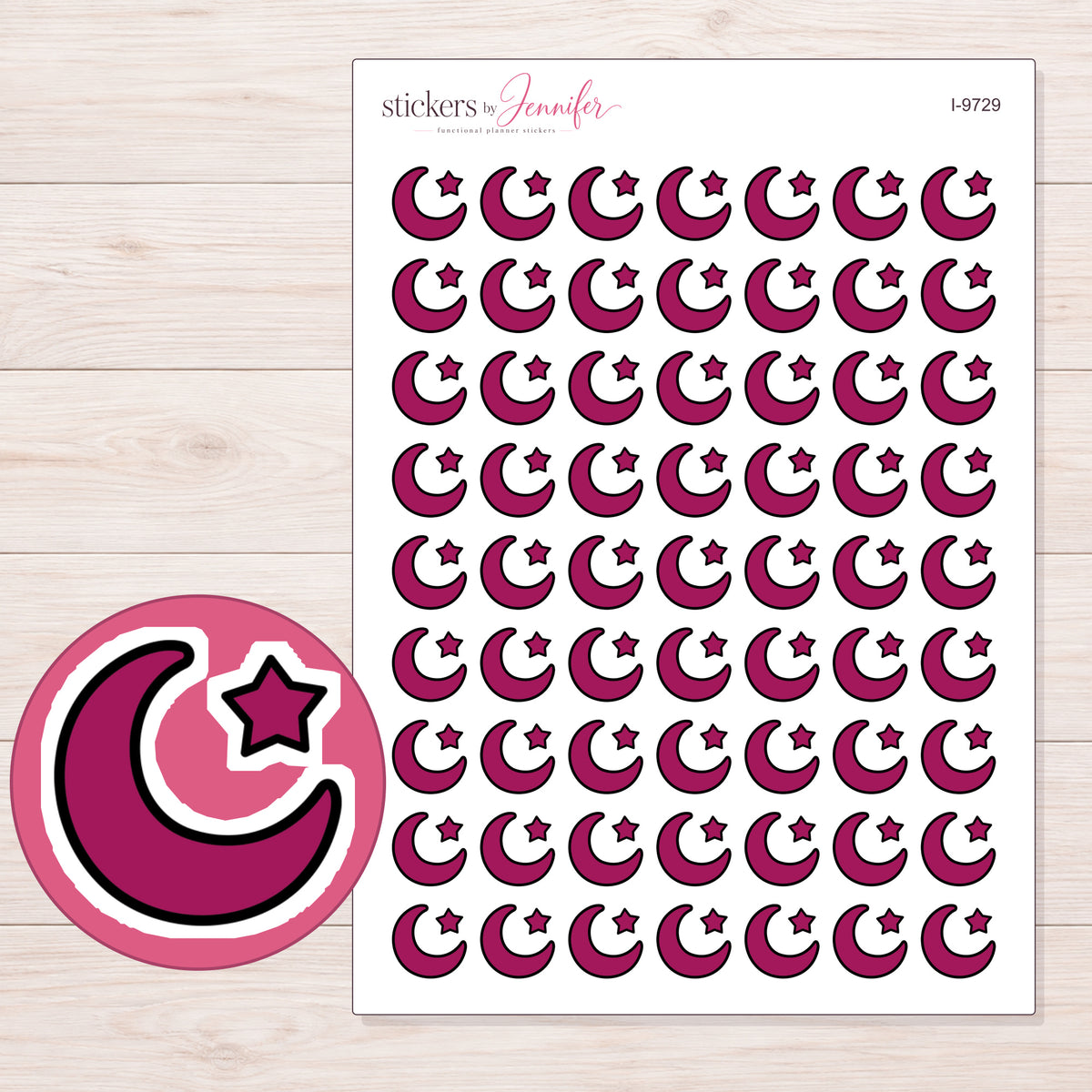 Magenta Crescent Moon and Star Planner Stickers | I-9729 — 5 × 7 inch sheet and enlarged sticker detail