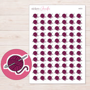 Magenta Yarn Ball and Hook Planner Stickers | I-9731 — 5 × 7 inch sheet and enlarged sticker detail