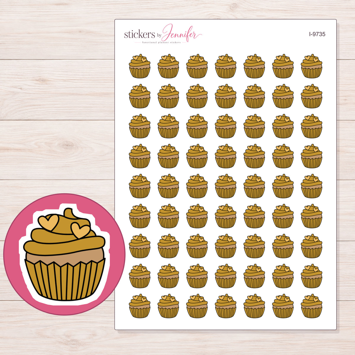 Gold Heart Cupcake Planner Stickers | I-9735 — 5 × 7 inch sheet and enlarged sticker detail