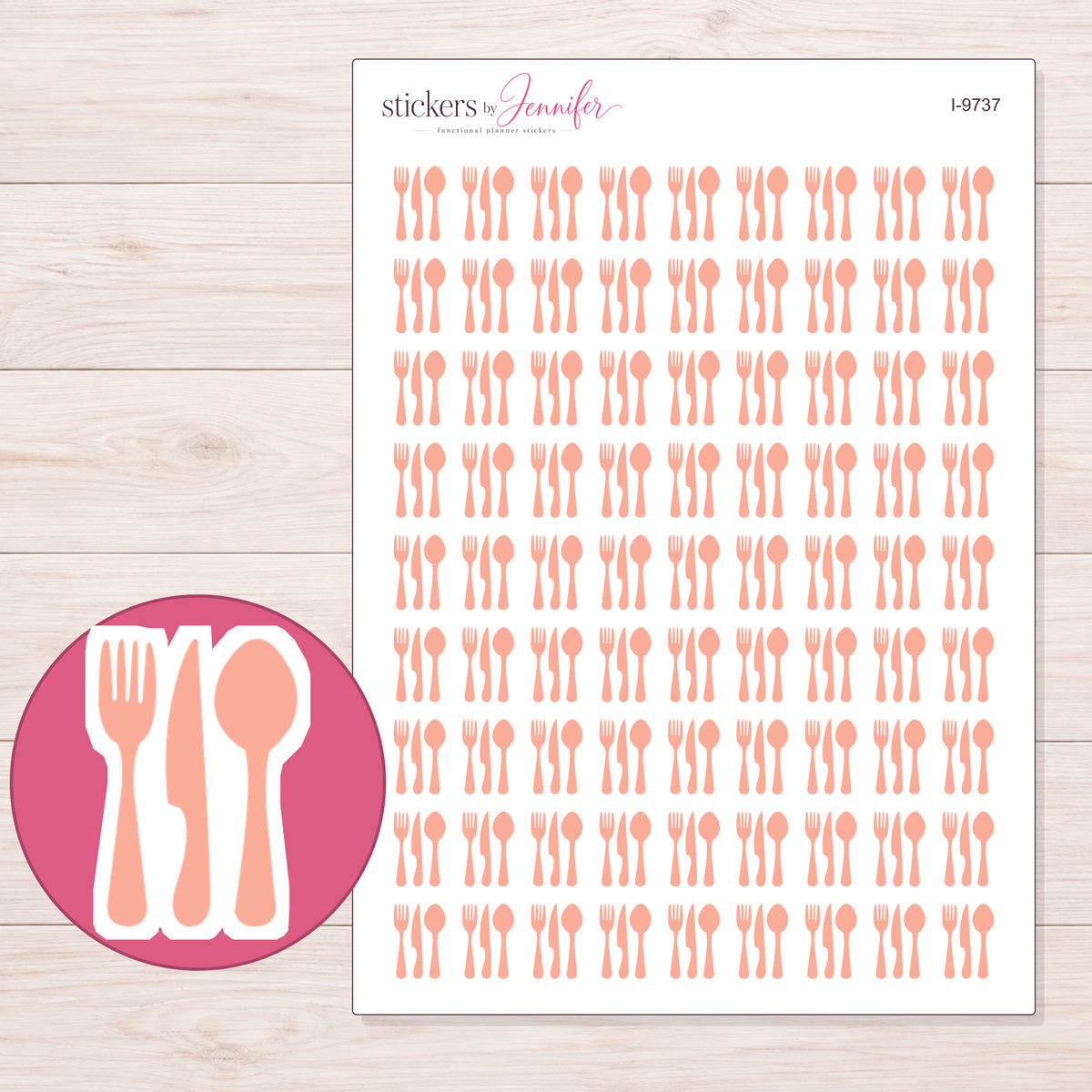 Peach Cutlery Planner Stickers | I-9737 — 5 × 7 inch sheet and enlarged sticker detail