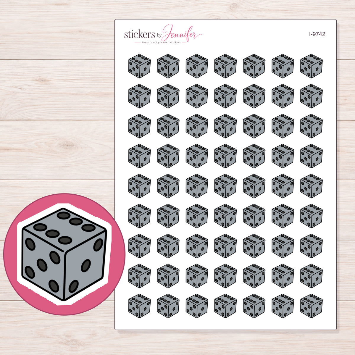 Gray Game Die Planner Stickers | I-9742 — 5 × 7 inch sheet and enlarged sticker detail