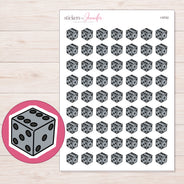 Gray Game Die Planner Stickers | I-9742 — 5 × 7 inch sheet and enlarged sticker detail