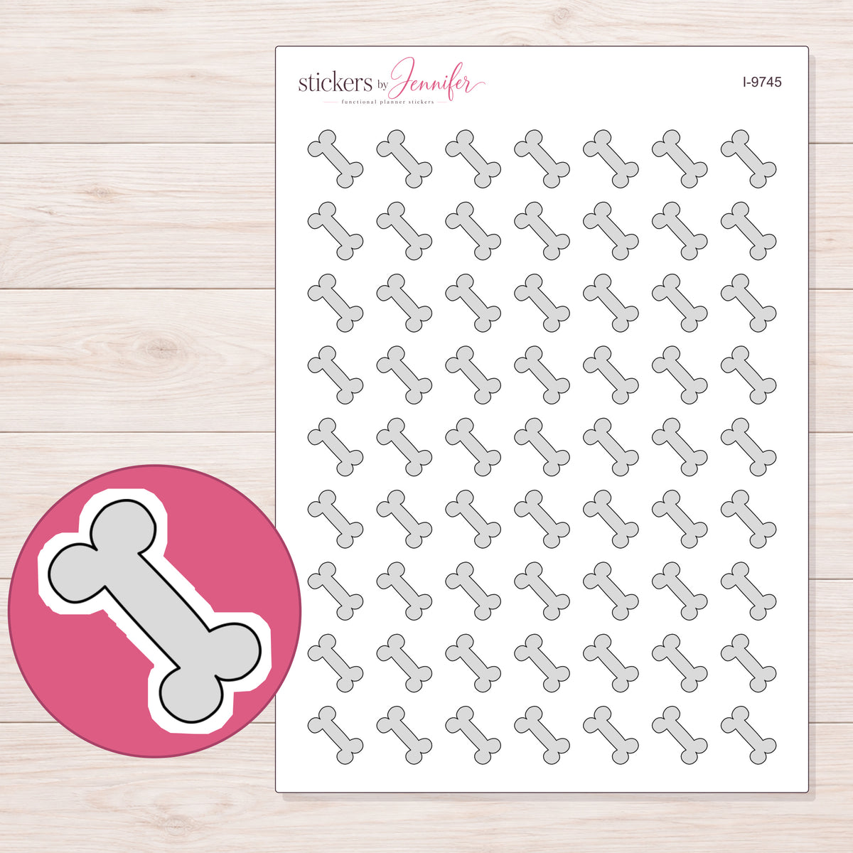 Light Gray Dog Bone Planner Stickers | I-9745 — 5 × 7 inch sheet and enlarged sticker detail
