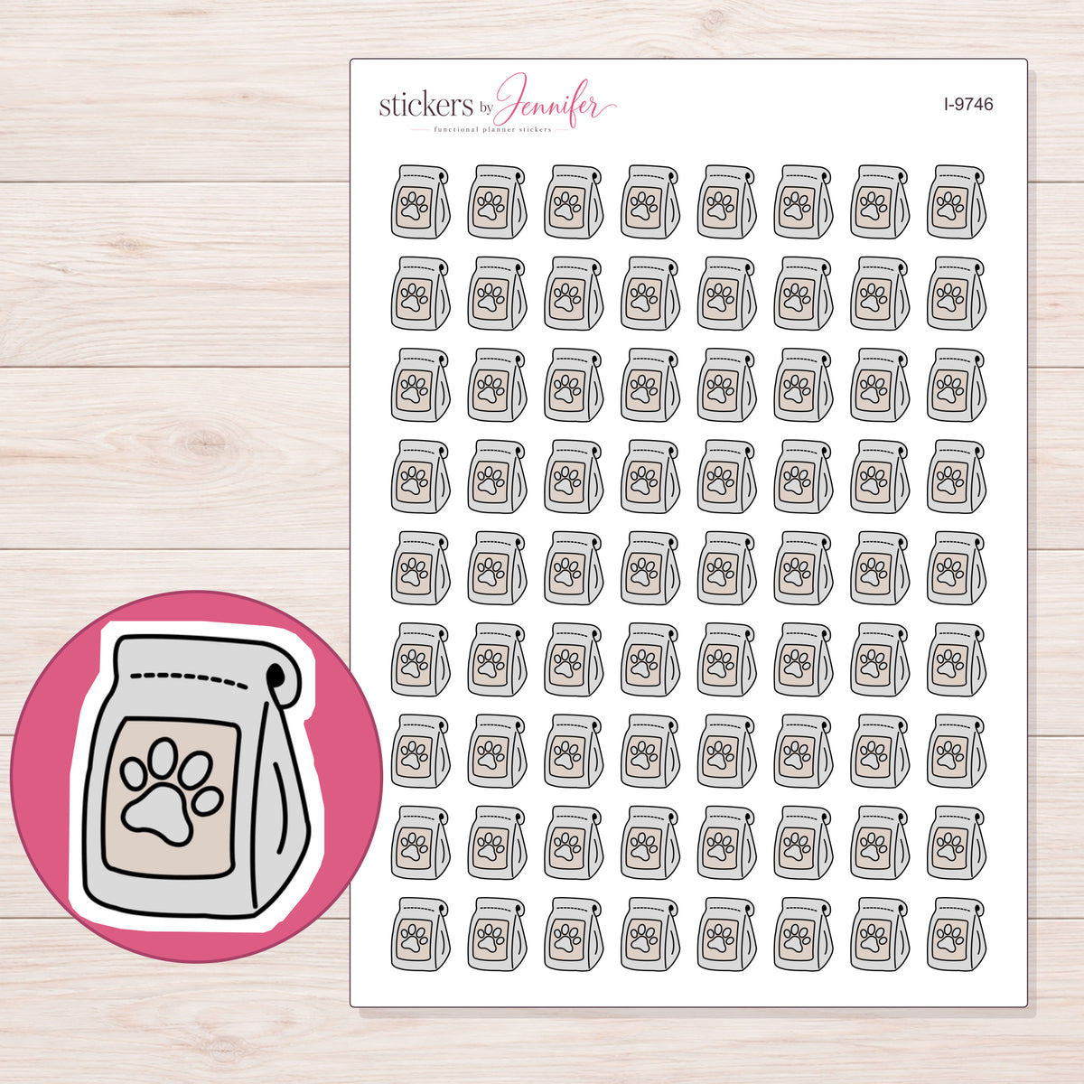 Gray Dog Food Bag Planner Stickers | I-9746 — 5 × 7 inch sheet and enlarged sticker detail