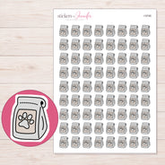 Gray Dog Food Bag Planner Stickers | I-9746 — 5 × 7 inch sheet and enlarged sticker detail