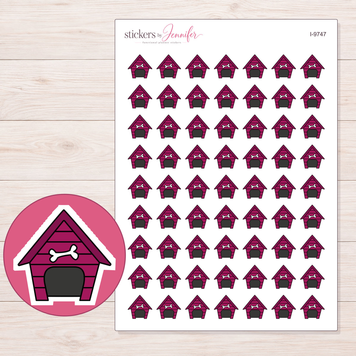 Magenta Dog House Planner Stickers | I-9747 — 5 × 7 inch sheet and enlarged sticker detail