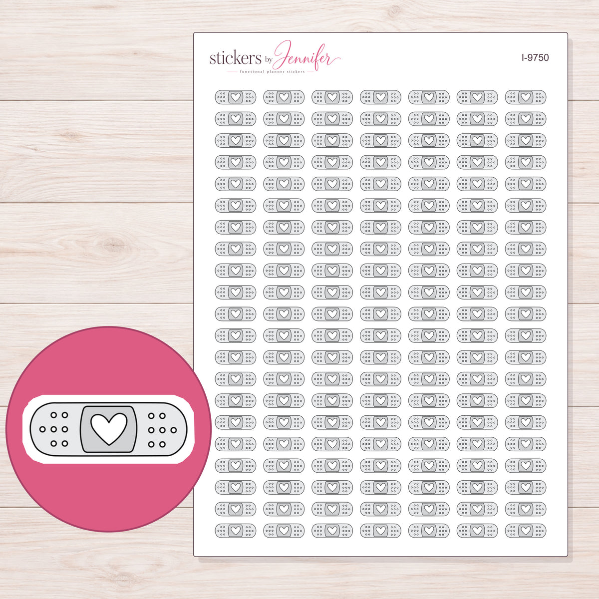 Light Gray Heart Bandage Planner Stickers | I-9750 — 5 × 7 inch sheet and enlarged sticker detail