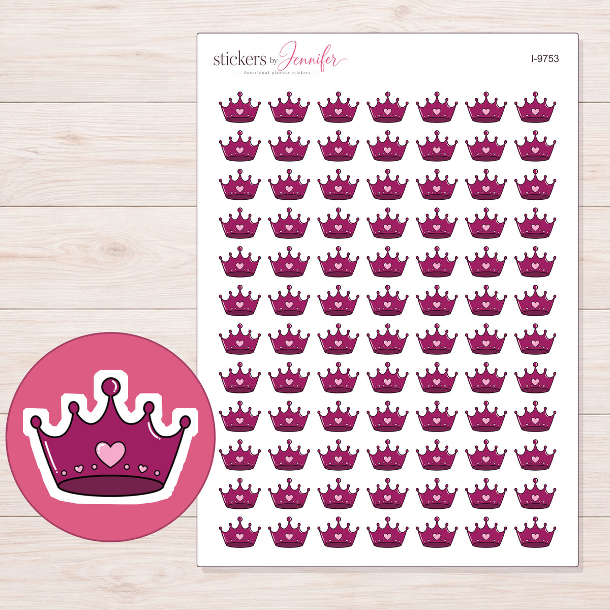 Magenta Heart Crown Planner Stickers | I-9753 — 5 × 7 inch sheet and enlarged sticker detail