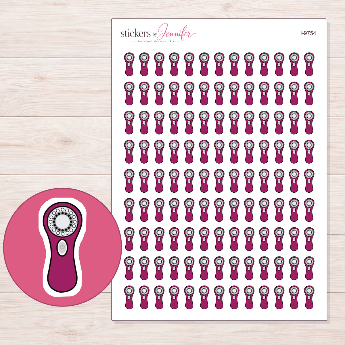 Magenta Facial Cleansing Brush Planner Stickers | I-9754 — 5 × 7 inch sheet and enlarged sticker detail