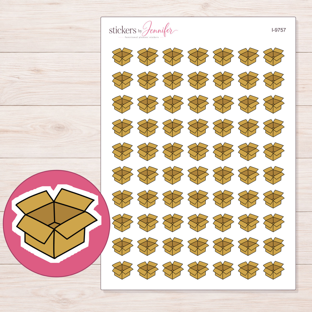 Gold Open Shipping Box Planner Stickers | I-9757 — 5 × 7 inch sheet and enlarged sticker detail
