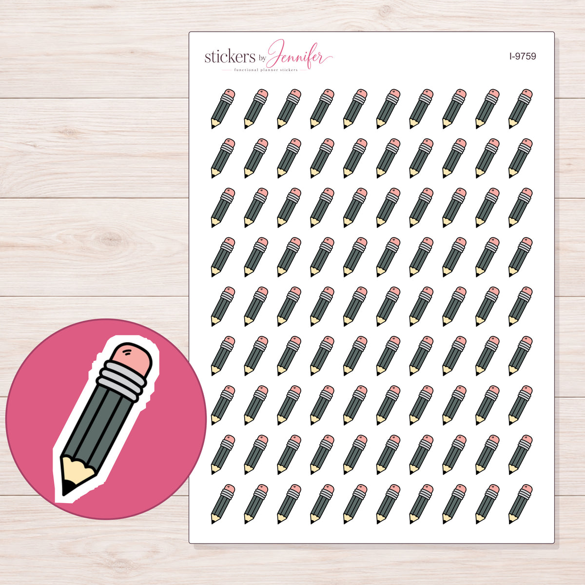 Charcoal Pencil Planner Stickers | I-9759 — 5 × 7 inch sheet and enlarged sticker detail