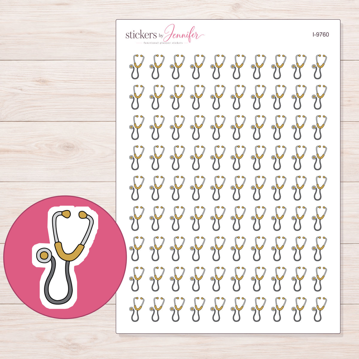 Gold Accent Stethoscope Planner Stickers | I-9760 — 5 × 7 inch sheet and enlarged sticker detail