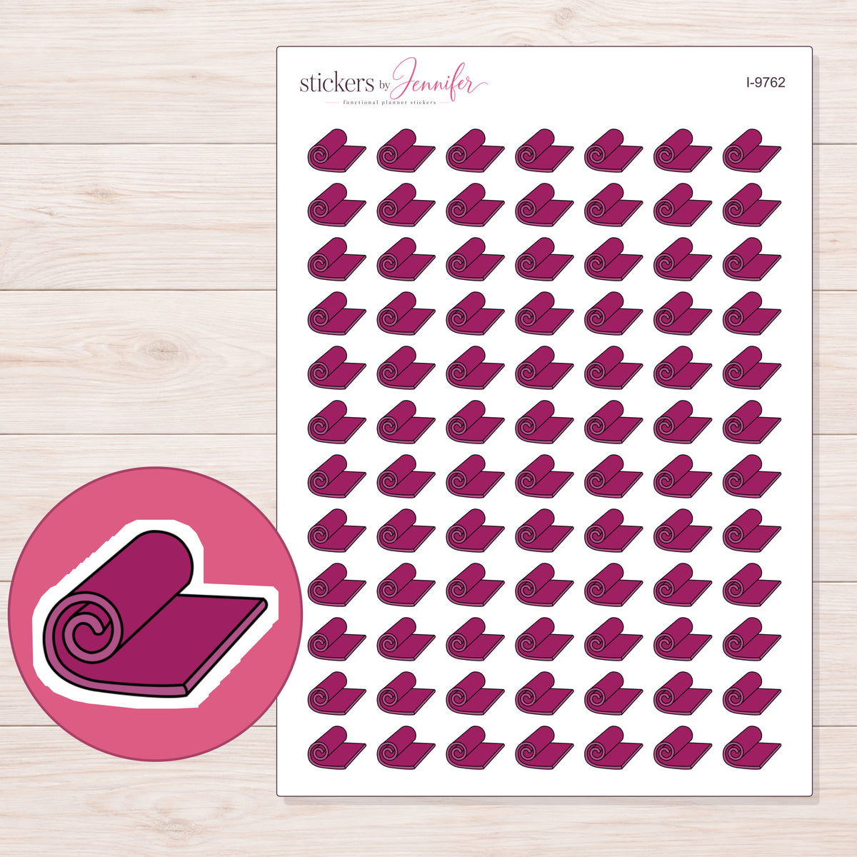 Magenta Yoga Mat Planner Stickers | I-9762 — 5 × 7 inch sheet and enlarged sticker detail